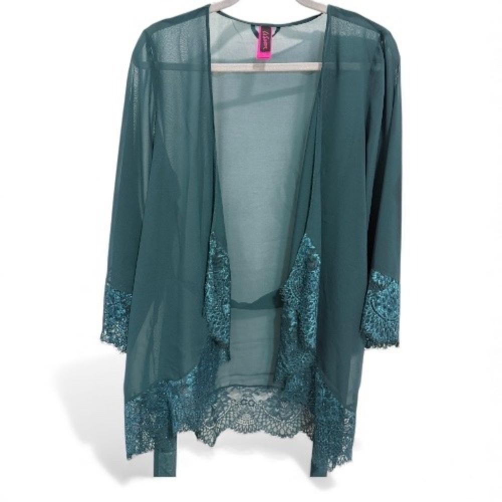 La Senza Sheer Lace Trim Kimono Robe Teal Green S - M